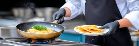 Culinary expert in black apron is plating fried fish with herbs, while holding a plate of tortillas, showcasing vibrant colors and textures in a contemporary kitchenの素材