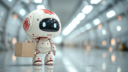 Playful robot character holds a cardboard box in a sleek, futuristic corridor, highlighting modern design and technology, creating a whimsical atmosphereの素材