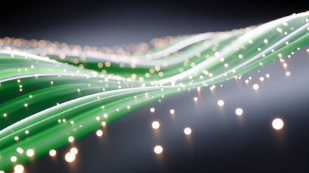 Vibrant green wave illustration featuring glowing lights, creating a sense of movement and energy, ideal for backgrounds and digital design projects with a modern touchの素材