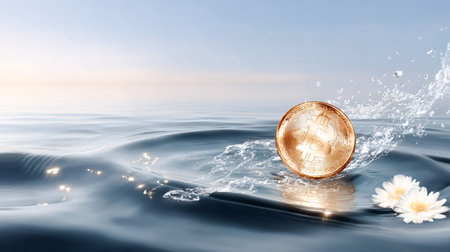 Cryptocurrency coin creates ripples in calm water, accompanied by soft flowers, representing the fusion of nature and finance in a peaceful settingの素材