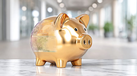 Golden piggy bank on marble surface in a bright, modern space, representing savings and financial growth, with blurred background elements enhancing the atmosphereの素材