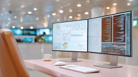 Modern workspace with dual monitors showcasing data analytics and programming code, complemented by a coffee cup and clean design, promoting productivity and focusの素材