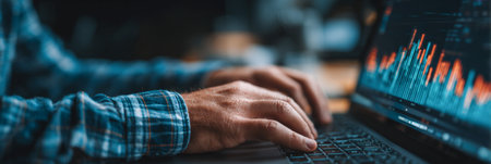 Male individual in blue plaid shirt is engaged in data analysis on laptop, with vibrant graphs visible on screen, highlighting focus and modern work environmentの素材