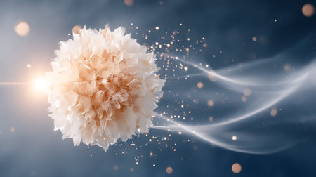 Ethereal flower-like structure is depicted in a dreamy atmosphere, with soft light and floating particles creating a serene and tranquil ambianceの素材