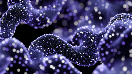 Digital illustration features flowing waves adorned with glowing particles in purple and white, creating an enchanting and vibrant visual experienceの素材