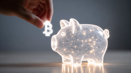 A hand is inserting a digital Bitcoin symbol into a luminous piggy bank, illustrating the concept of cryptocurrency savings and the future of personal finance managementの素材