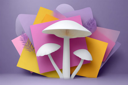Artistic display of white mushrooms set against colorful geometric shapes, showcasing a blend of natural elements and vibrant design, perfect for creative projectsの素材