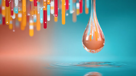Abstract illustration showcases a water droplet above a ripple, with colorful vertical lines in red, yellow, and orange, creating a vibrant and dynamic atmosphereの素材
