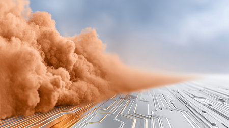 Futuristic scene showcasing an orange dust cloud swirling above a circuit board, merging elements of technology and nature in a captivating visual narrativeの素材