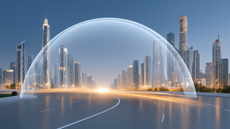 Urban skyline features towering skyscrapers beneath a transparent dome, highlighting modern architecture and vibrant city life, representing future urban developmentの素材