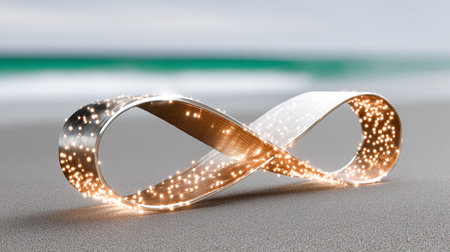 Metallic infinity symbol with sparkling lights rests on sandy beach, evoking themes of eternity and continuity against a tranquil coastal backdropの素材