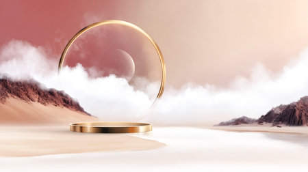 Ethereal landscape with golden circular frame and pedestal, enveloped in soft clouds and distant mountains, evoking a sense of tranquility and creativityの素材
