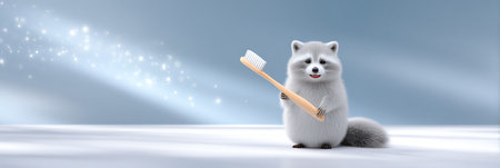 Cartoon raccoon character is joyfully holding a wooden toothbrush, set against a soft gradient background with sparkling effects, emphasizing fun and dental careの素材