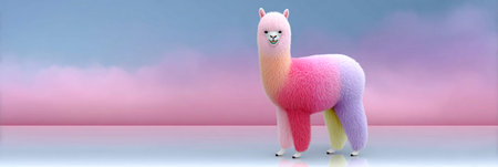 Cartoon alpaca with soft, fluffy fur in vibrant colors stands against a pastel background, creating a whimsical atmosphere ideal for playful and creative themesの素材