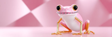 Playful pink frog with golden accents, perched on a glossy surface, surrounded by a soft pink geometric backdrop, creating a whimsical and artistic atmosphereの素材