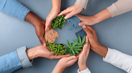 Hands of different ethnicities hold natural materials, including soil and plants, arranged in a circular pattern, representing unity and commitment to sustainabilityの素材
