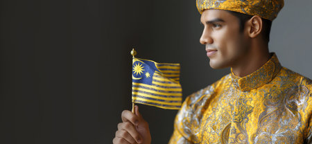 Male figure in ornate golden traditional clothing, holding flag symbolizing cultural identity, with a blurred background enhancing the celebratory moodの素材