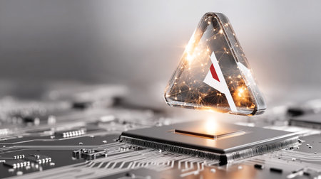 Digital illustration showcases a luminous triangle hovering over a microchip, representing...