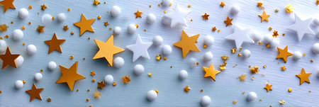 Decorative stars and round confetti in gold and white are scattered on a light blue surface, enhancing the festive ambiance for celebrations and joyful eventsの素材