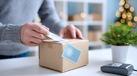 Individual applying a decorative label to a cardboard box, preparing for holiday shipping, with a small plant and remote control visible, creating a cozy atmosphereの素材