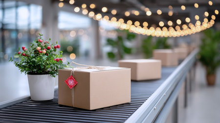 Cardboard boxes on conveyor belt in a well-lit area, adorned with string lights and a potted plant, enhancing the cheerful ambiance for holiday deliveriesの素材