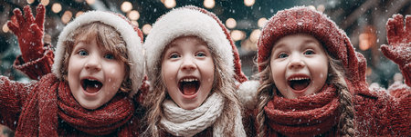Three excited kids in red winter attire are celebrating joyfully in a snowy setting, with festive lights creating a magical atmosphere of holiday spiritの素材