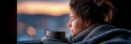 Female enjoying a warm beverage while wrapped in a soft blanket, looking out at a stunning sunset, creating a peaceful and contemplative moodの素材