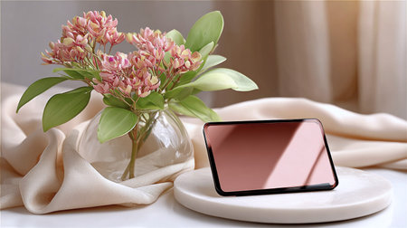 Mock up of smartphone with blank screen on marble surface next to a vase filled with pink flowers and draped fabric, enhancing a tranquil and stylish settingの素材