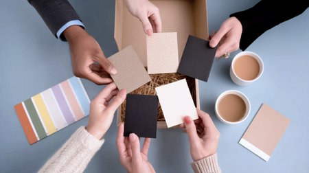 People holding color swatches over a box during material selection on a table with coffee and palettesの素材