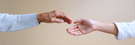 Two hands reaching toward each other symbolizing connection and support across generations.の素材