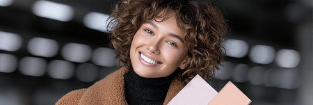 Smiling woman holding two pastel-colored cards while wearing a cozy coat in an urban setting. High quality photoの素材