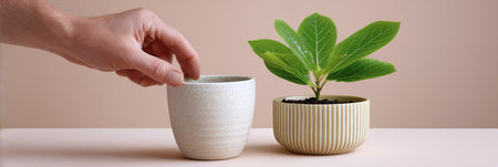 Hand reaching for a ceramic cup next to a green plant in a pot on neutral backgroundの素材