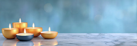 Five burning candles in golden and black holders on a marble surface with soft blue backgroundの素材