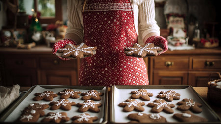 Woman in festive apron holding decorated gingerbread cookies in cozy kitchen with holiday atmosphereの素材