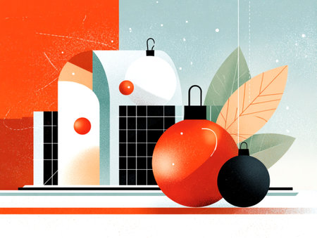 Modern abstract cityscape with Christmas ornaments and leaves in festive redの素材