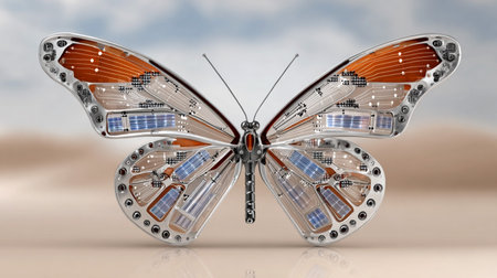 Futuristic robotic butterfly with transparent wings made of circuits and solar panels symbolizing technology and transformationの素材