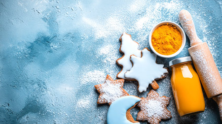 Festive iced cookies in winter shapes with turmeric powder, juice and rolling pin on powdered blue backgroundの素材