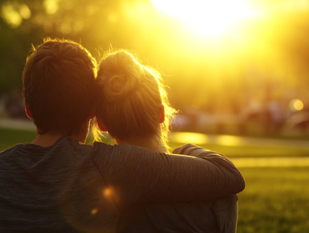 Couple sitting close together on grass in golden sunlight, sharing a peaceful moment during sunset. High quality photoの素材