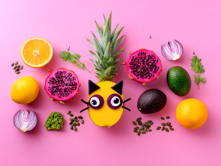 Creative arrangement of tropical fruits and vegetables forming a playful cat face on pink background.の素材
