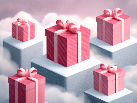 Pink gift boxes with ribbons placed on snowy platforms surrounded by soft clouds and falling snowの素材