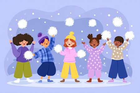 Happy children playing with snowballs in winter clothes on snowy day, cartoon style illustration. High quality illustrationの素材