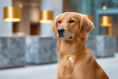 Elegant golden retriever dog wearing gold collar sitting in modern indoor space with stylish lighting.の素材