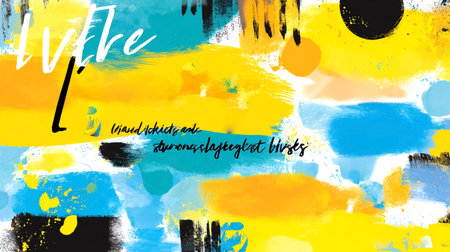 Colorful abstract painting with bold brush strokes in yellow, blue, black and white, featuring expressive handwritten text.の素材