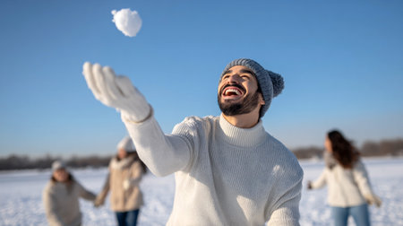 Joyful man in winter clothing tossing snowball outdoors with friends on a bright snowy day. High quality photoの素材