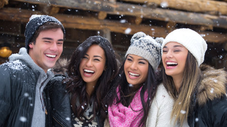 Group of happy friends laughing together in snowy winter weather wearing cozy hats and jackets. High quality photoの素材