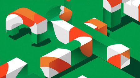 Colorful geometric shapes interact on a green background, forming a visually striking abstract composition that emphasizes modern design and artistic creativityの素材