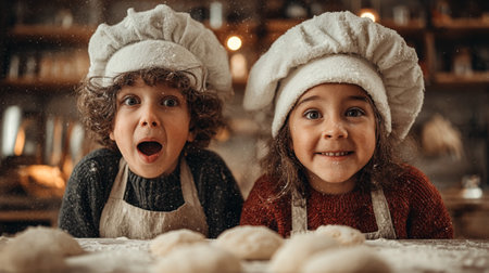 Two enthusiastic young chefs are engaged in baking, with flour scattered around and various ingredients visible, creating a delightful scene of childhood joy and culinary explorationの素材