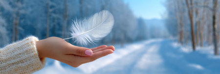 White feather floating above woman's hand in snowy winter forest with soft natural light and calm atmosphere.の素材