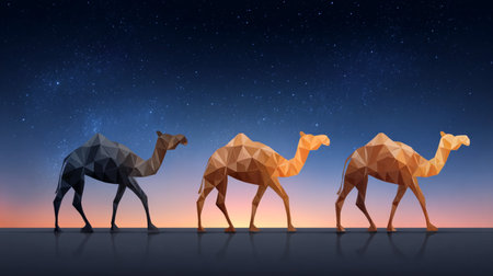 Low-poly illustration of three camels walking in line under a starry night sky with a warm twilight horizon.の素材