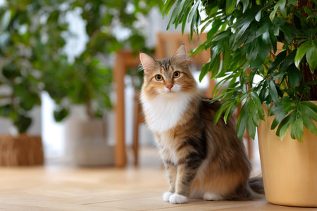 Fluffy tabby cat with white chest sitting indoors next to green potted plant in cozy home environmentの素材